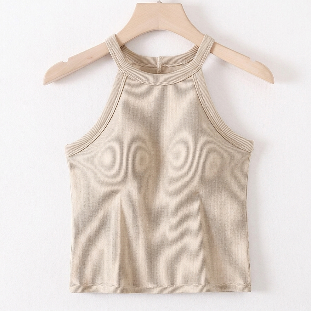 Ribbed Halter Neck Top with Built-In Bra